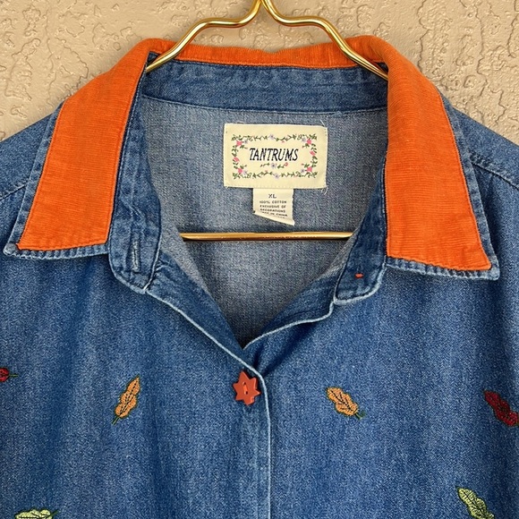 Tantrums Vintage, Autumn Fall Thanksgiving Embroidered Detail, Denim Shacket Top - Picture 2 of 12